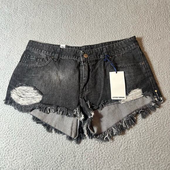Lovely Denim Shorts Womens 34 Black Jose Denim Cut Off Distressed Short‎ NEW - Picture 1 of 9